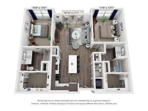 Floor plan for 2 beds, 2 baths, 1155 sqft